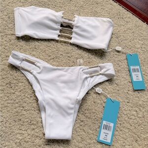 NWT Beach Bunny White Bikini Set with Rhinestone and Gold Accents